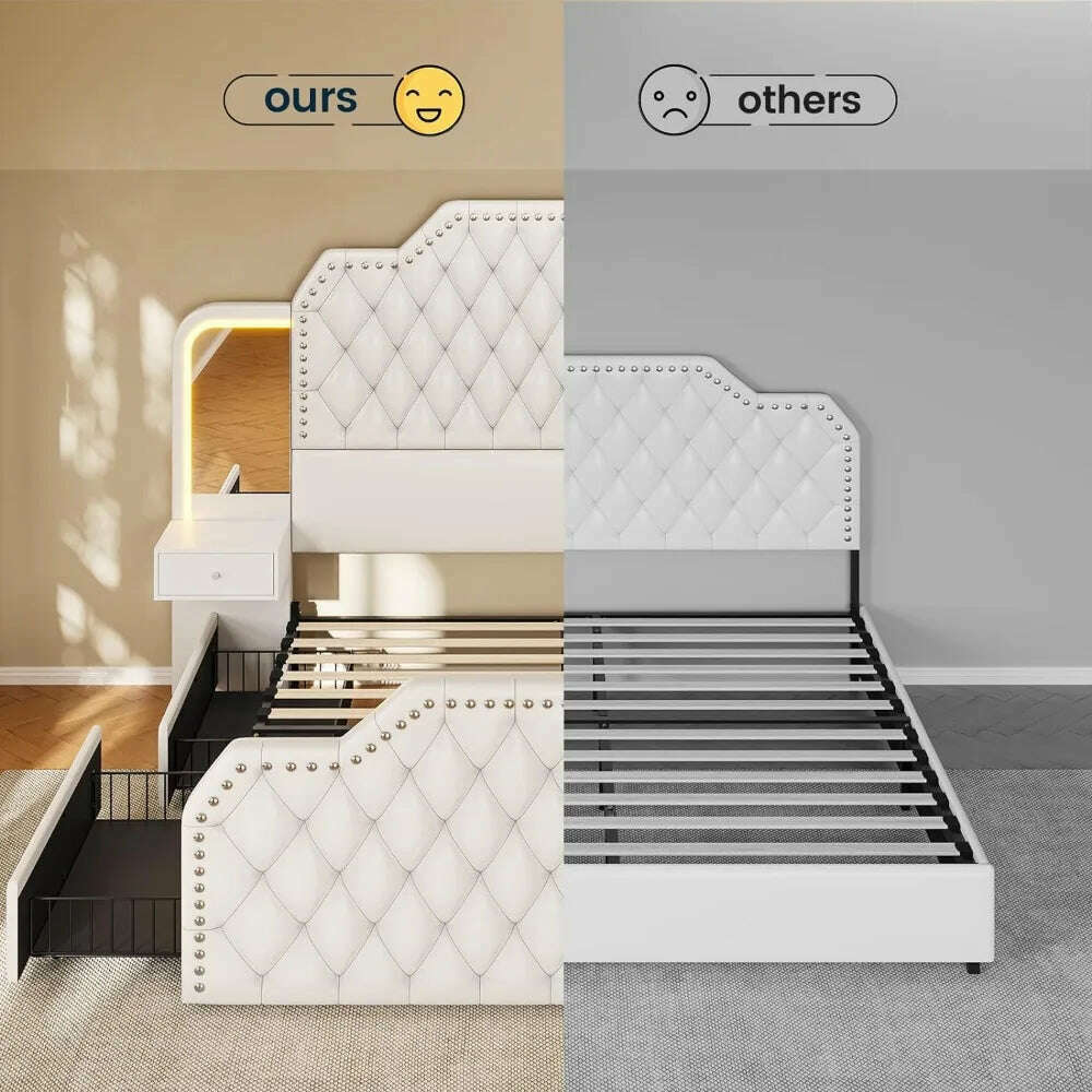 KIMLUD, Queen Size 53” Tall Platform Bed Frame With 4 Storage Drawers Built in Charging Station & LED Bedroom White Headboards Under Bed, KIMLUD Womens Clothes