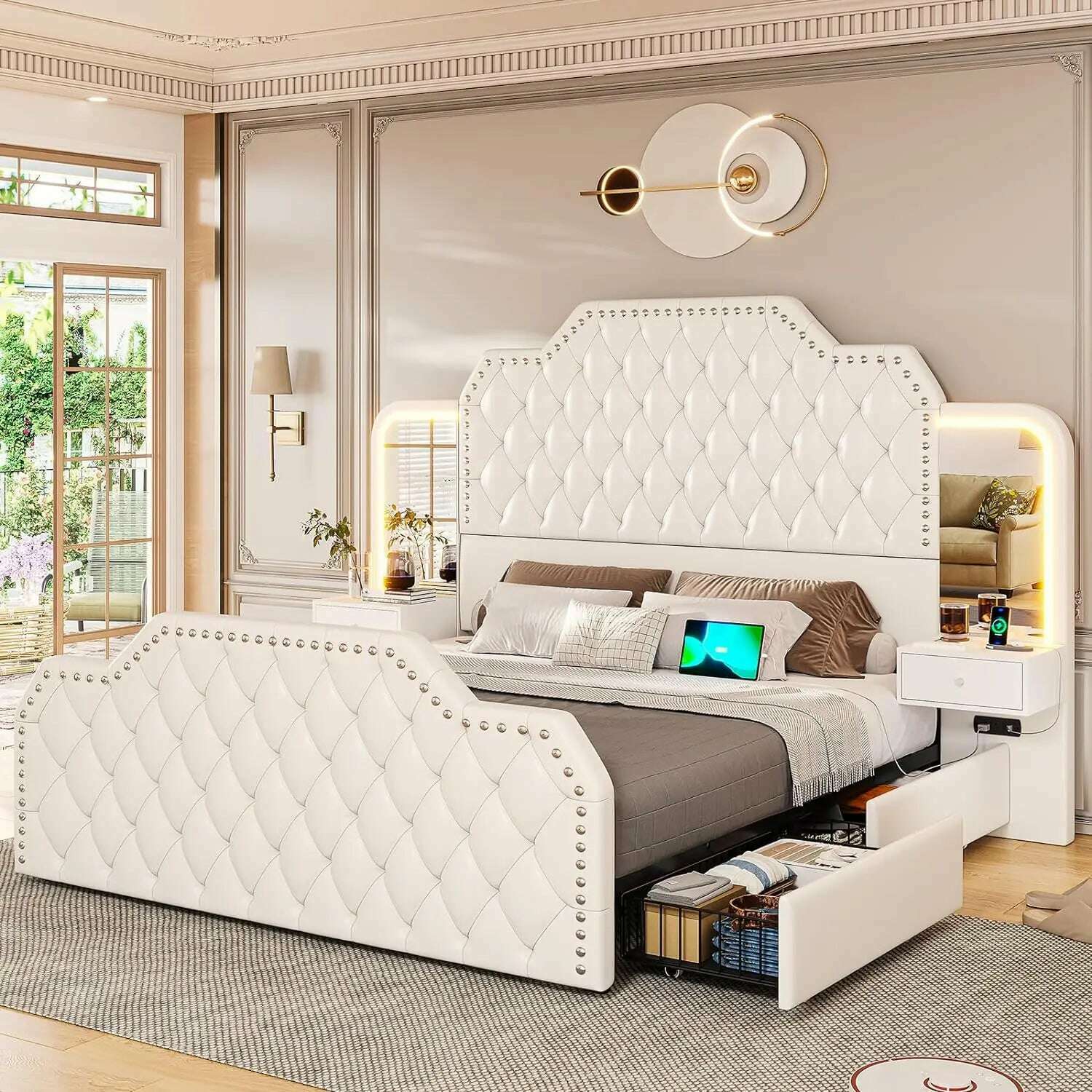 KIMLUD, Queen Size 53” Tall Platform Bed Frame With 4 Storage Drawers Built in Charging Station & LED Bedroom White Headboards Under Bed, White / United States / Queen, KIMLUD APPAREL - Womens Clothes