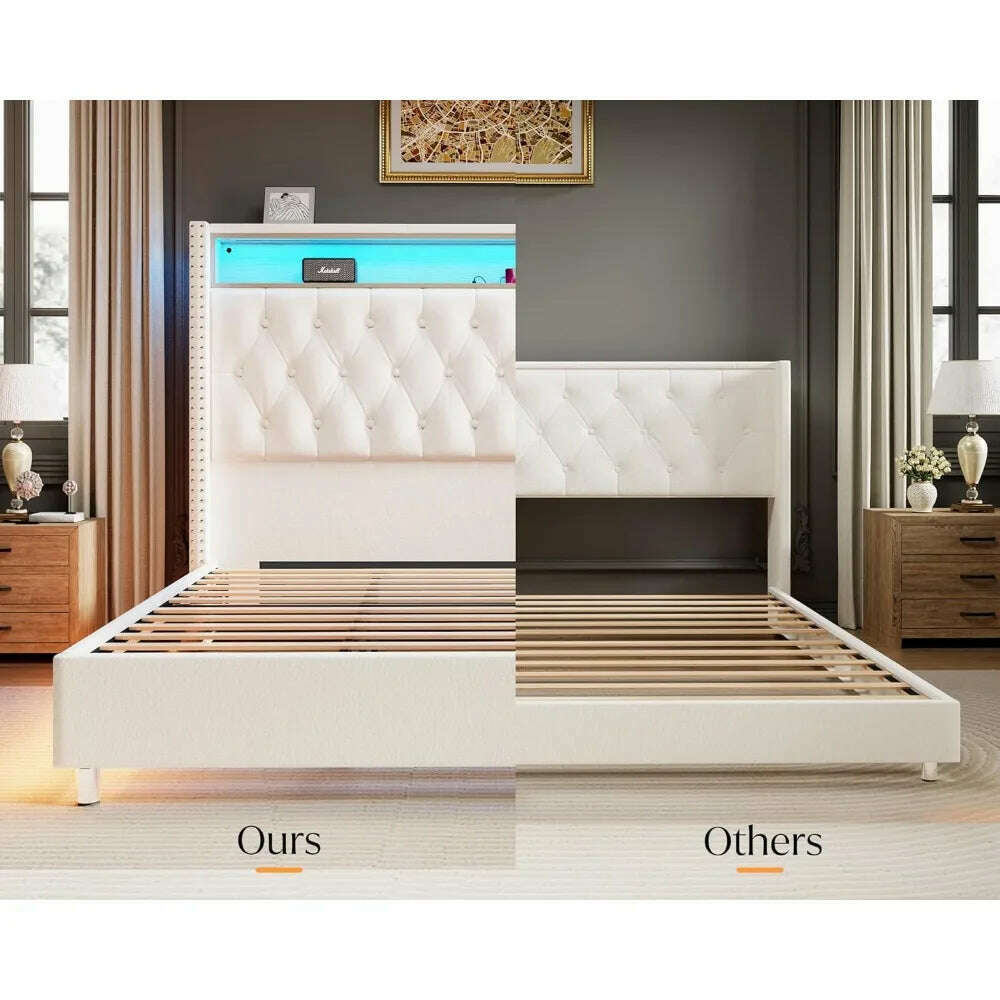 KIMLUD, Queen Size Bed Frame with Charging Station Upholstered Frame with Headboard Motion Activated Night Light Bed, KIMLUD Womens Clothes