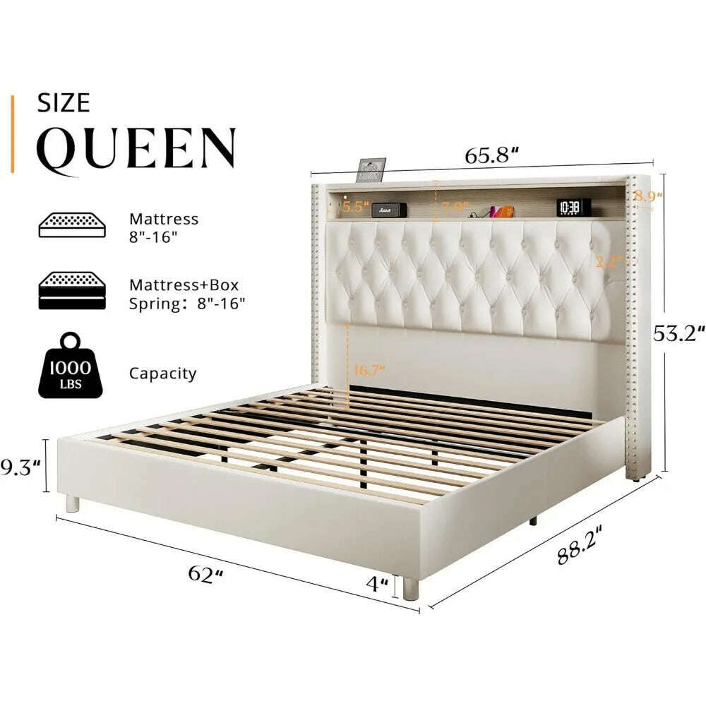 KIMLUD, Queen Size Bed Frame with Charging Station Upholstered Frame with Headboard Motion Activated Night Light Bed, KIMLUD Womens Clothes