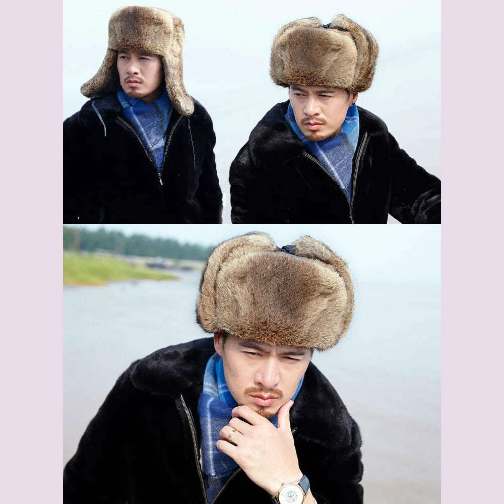 Rabbit Fur Cap Man Winter Genuine 100% Fur Bomber Hat Windproof Warm Earmuffs Male Flat Grey/Black Russian Hat Fitted Casquette - KIMLUD