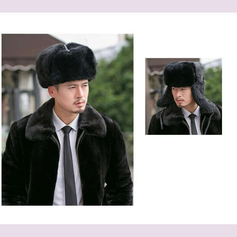 Rabbit Fur Cap Man Winter Genuine 100% Fur Bomber Hat Windproof Warm Earmuffs Male Flat Grey/Black Russian Hat Fitted Casquette - KIMLUD