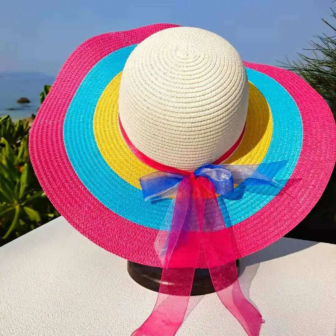 KIMLUD, Rainbow Hat Women's Colorful Big Eave Straw Hat Summer Sunscreen Sunshade Hat Tourism Sun Hat Beach Hat Wholesale, 21 / 56-58cm / CHINA, KIMLUD APPAREL - Womens Clothes