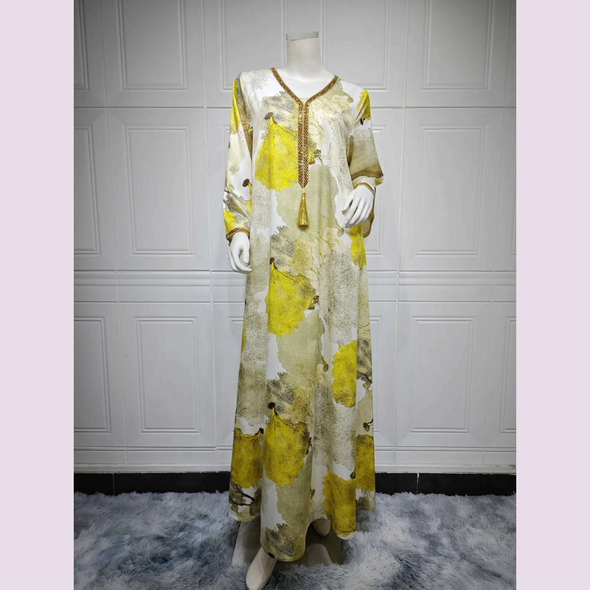 KIMLUD, Ramadan Morocco Middle East Arab Robe Women's Big Size Dubai Women's Wear Muslim Luxury Hot Diamond Fashion Printed Satin Dress, Yellow / S, KIMLUD APPAREL - Womens Clothes