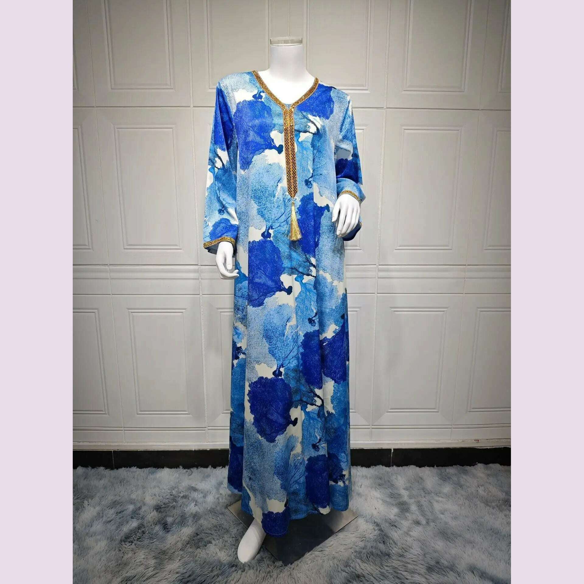 KIMLUD, Ramadan Morocco Middle East Arab Robe Women's Big Size Dubai Women's Wear Muslim Luxury Hot Diamond Fashion Printed Satin Dress, Blue / S, KIMLUD APPAREL - Womens Clothes