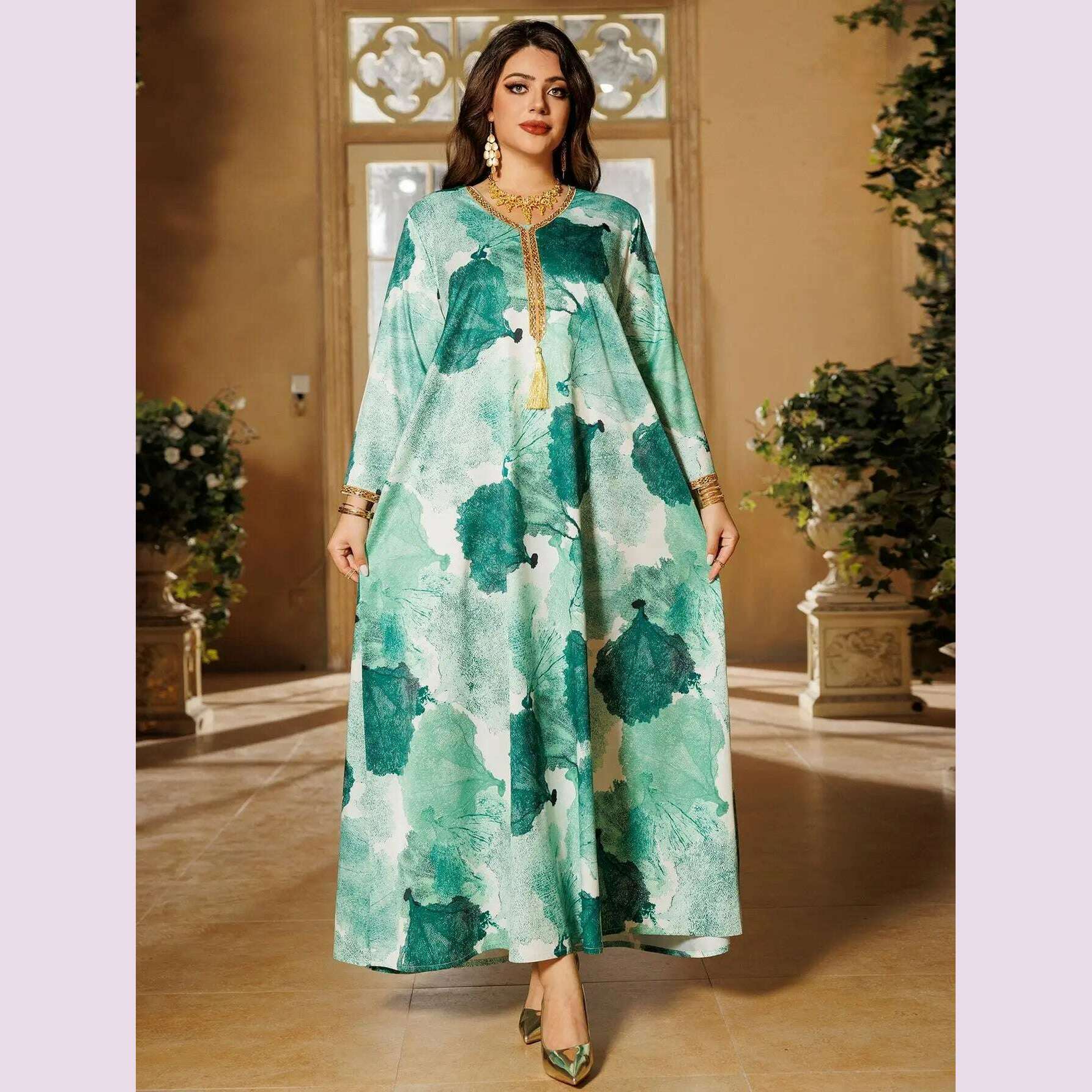 KIMLUD, Ramadan Morocco Middle East Arab Robe Women's Big Size Dubai Women's Wear Muslim Luxury Hot Diamond Fashion Printed Satin Dress, KIMLUD Womens Clothes