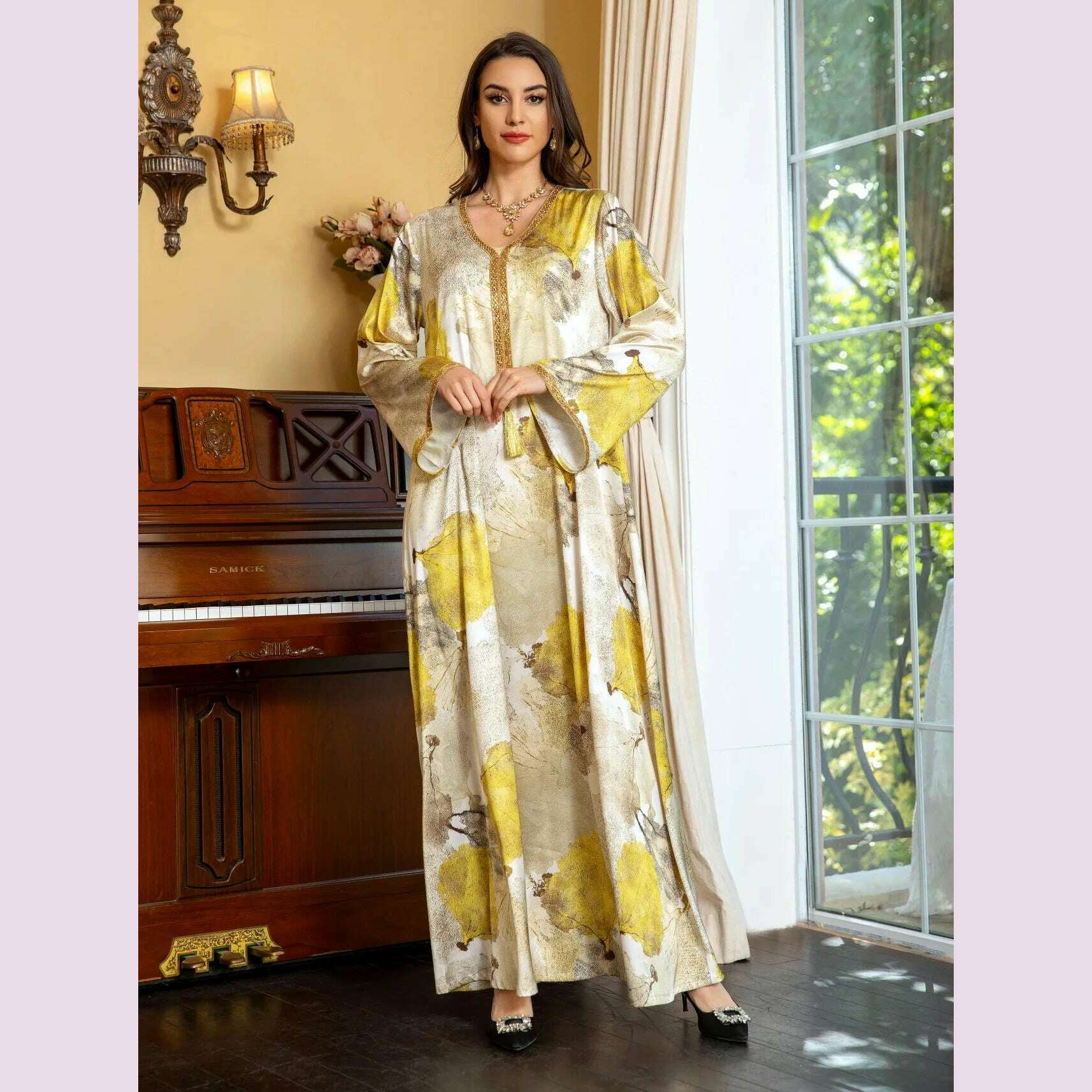 KIMLUD, Ramadan Morocco Middle East Arab Robe Women's Big Size Dubai Women's Wear Muslim Luxury Hot Diamond Fashion Printed Satin Dress, KIMLUD Womens Clothes