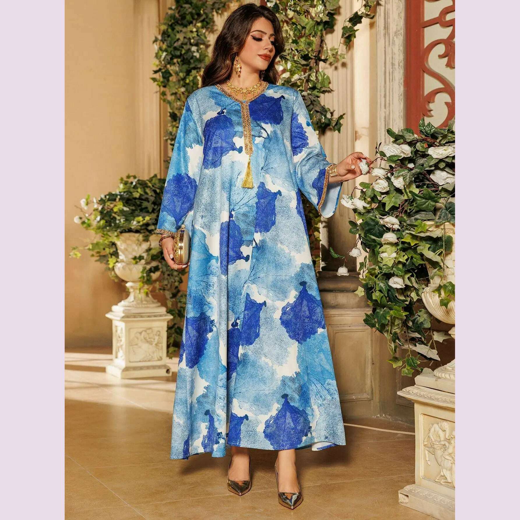 KIMLUD, Ramadan Morocco Middle East Arab Robe Women's Big Size Dubai Women's Wear Muslim Luxury Hot Diamond Fashion Printed Satin Dress, KIMLUD Womens Clothes