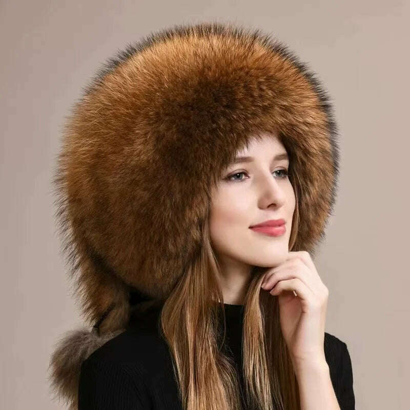 KIMLUD, Real Fox Fur Hat For Women Winter Thickened Warm Natural Fur Princess Hat Adjustable Russians Cap Real Raccoon Fur Bomber Caps, KIMLUD Womens Clothes