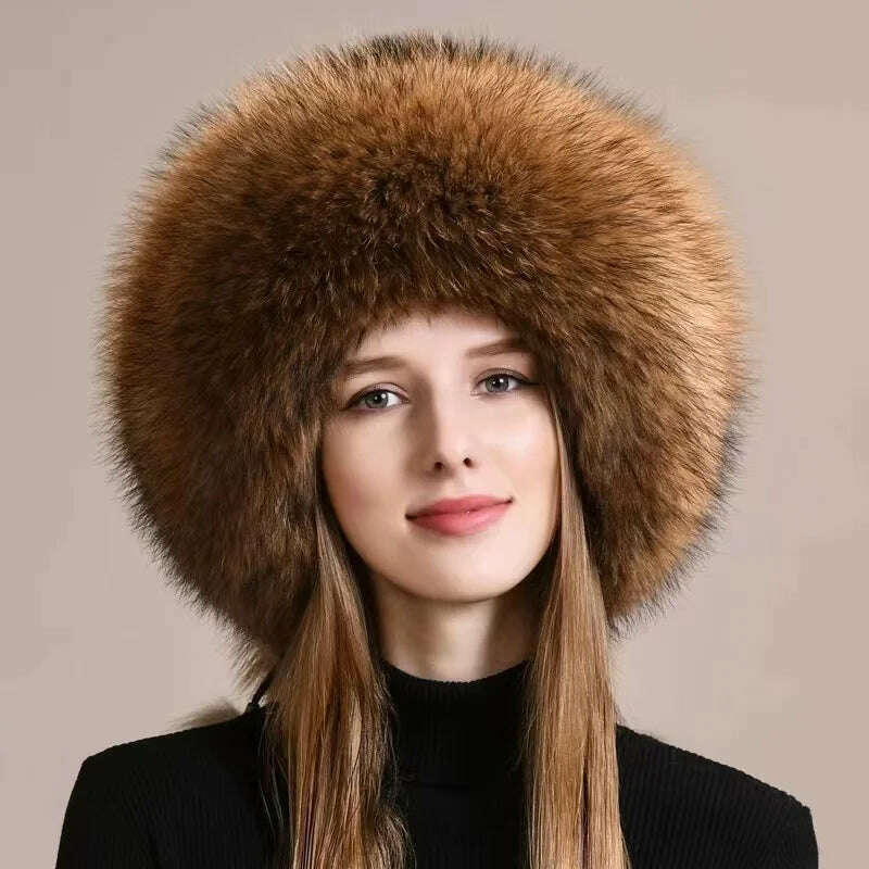 KIMLUD, Real Fox Fur Hat For Women Winter Thickened Warm Natural Fur Princess Hat Adjustable Russians Cap Real Raccoon Fur Bomber Caps, KIMLUD Womens Clothes