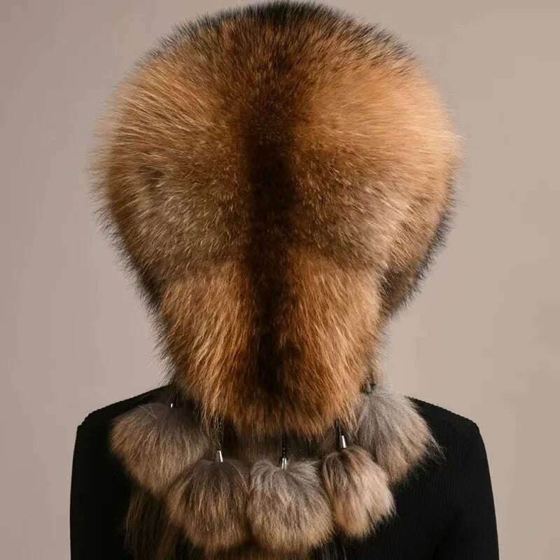 KIMLUD, Real Fox Fur Hat For Women Winter Thickened Warm Natural Fur Princess Hat Adjustable Russians Cap Real Raccoon Fur Bomber Caps, KIMLUD Womens Clothes