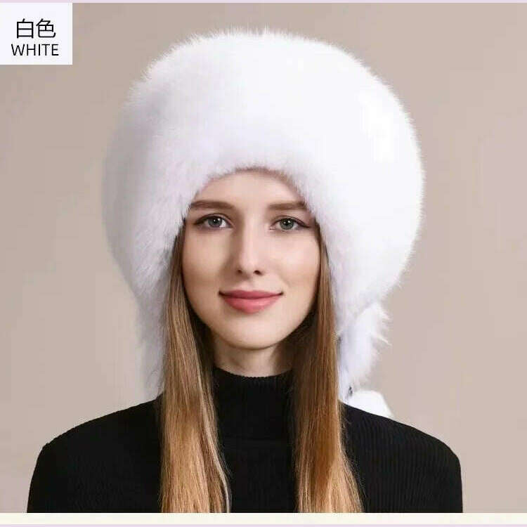 KIMLUD, Real Fox Fur Hat For Women Winter Thickened Warm Natural Fur Princess Hat Adjustable Russians Cap Real Raccoon Fur Bomber Caps, KIMLUD Womens Clothes