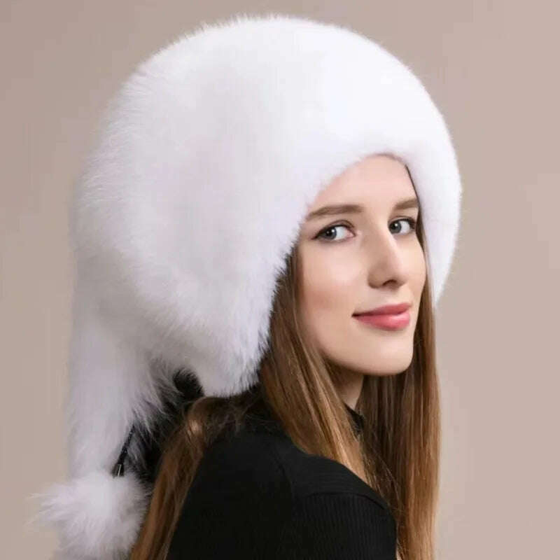 KIMLUD, Real Fox Fur Hat For Women Winter Thickened Warm Natural Fur Princess Hat Adjustable Russians Cap Real Raccoon Fur Bomber Caps, White / above60cm, KIMLUD APPAREL - Womens Clothes