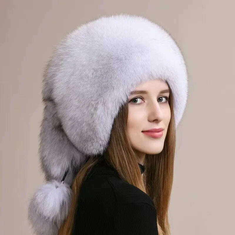 KIMLUD, Real Fox Fur Hat For Women Winter Thickened Warm Natural Fur Princess Hat Adjustable Russians Cap Real Raccoon Fur Bomber Caps, Blue fox / 56-58cm, KIMLUD APPAREL - Womens Clothes