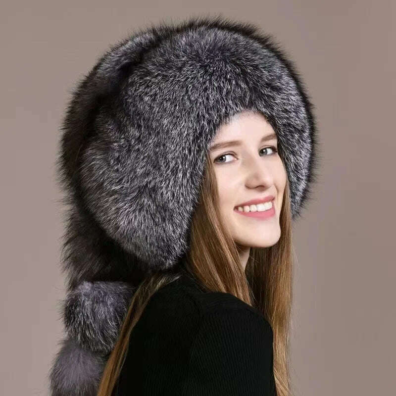 KIMLUD, Real Fox Fur Hat For Women Winter Thickened Warm Natural Fur Princess Hat Adjustable Russians Cap Real Raccoon Fur Bomber Caps, Silver / above60cm, KIMLUD APPAREL - Womens Clothes