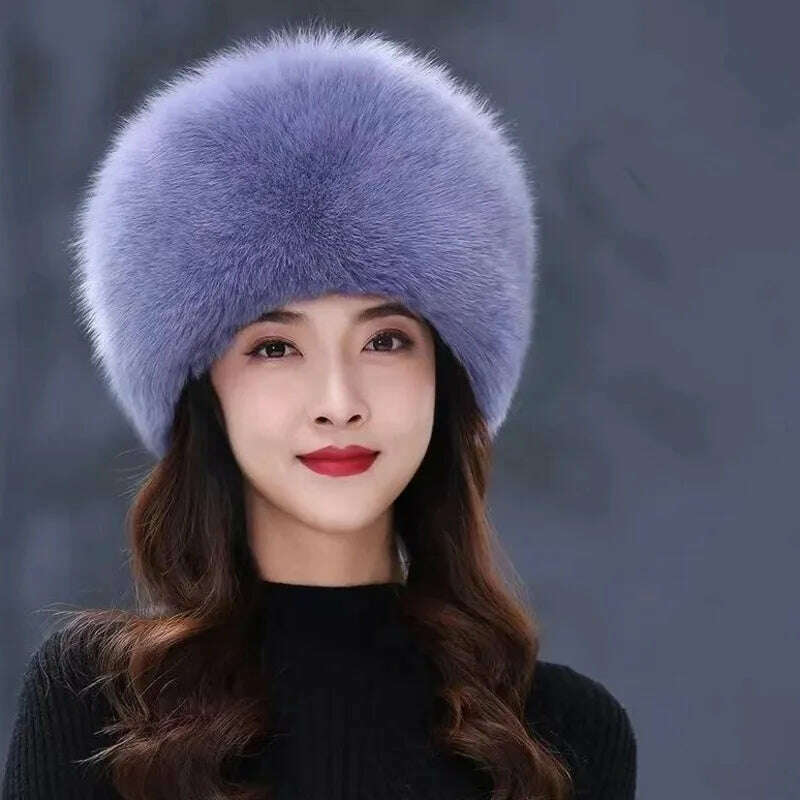 KIMLUD, Real Fox Fur Hat Winter Natural Fur Snow Hat For Ladies Thick Outdoor Beanies Caps Russians Skiing Hats Bomber White Fur Caps, KIMLUD Womens Clothes