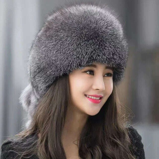 KIMLUD, Real Fox Fur Hat Winter Natural Fur Snow Hat For Ladies Thick Outdoor Beanies Caps Russians Skiing Hats Bomber White Fur Caps, Silver Fox / one size, KIMLUD APPAREL - Womens Clothes