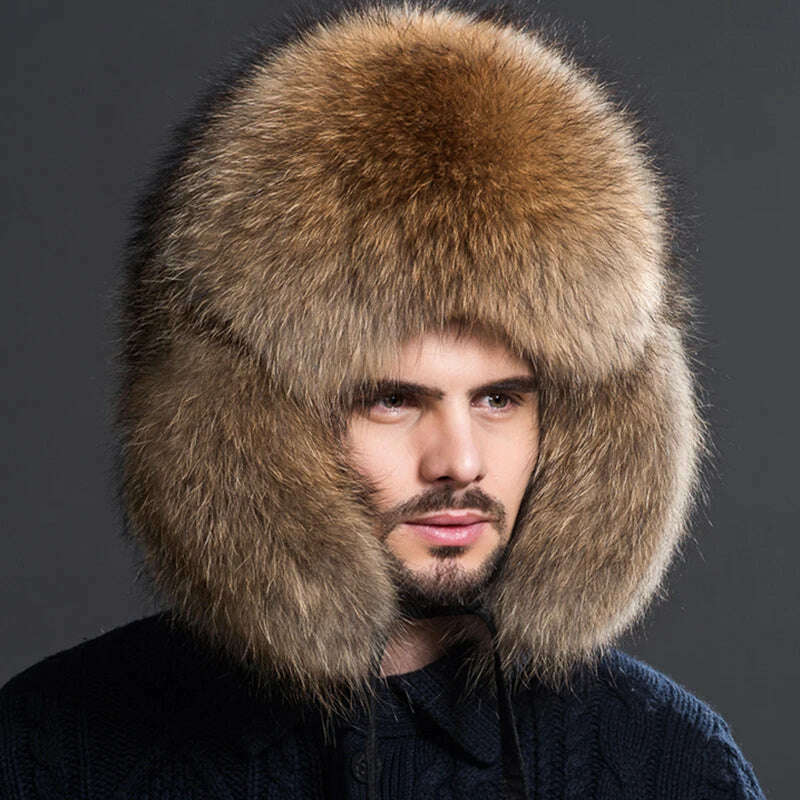 KIMLUD, Real fur 100% Fox Skin Russian Businessmen Pilot Bombers Full Mao Men's hat Ushanka Winter Ear Guard Hat Raccoon Fur Beanie hat, KIMLUD Womens Clothes