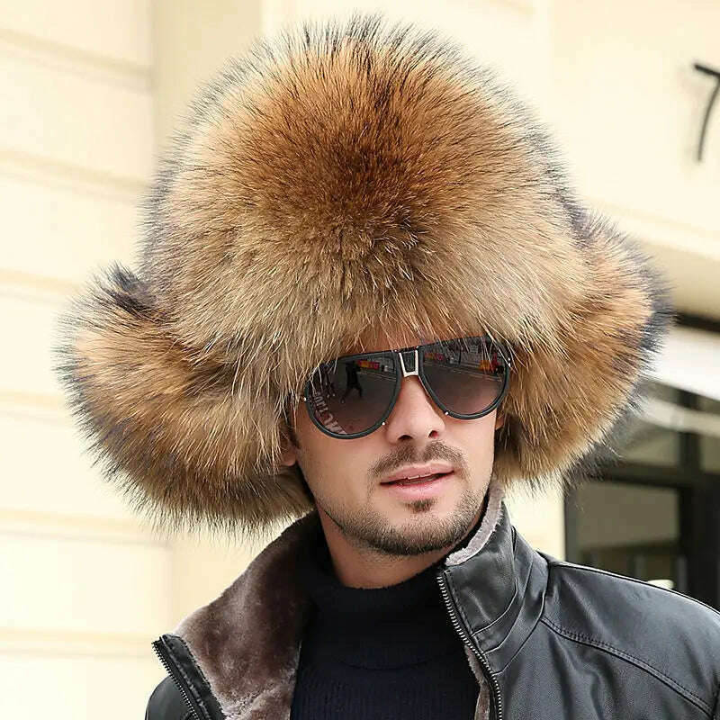 KIMLUD, Real Fur 100% Fox Skin Russian Businessmen Pilot Bombers Full Mao Men's hat Ushanka Winter Ear Guard Hat Raccoon Fur Beanie hat, KIMLUD Womens Clothes