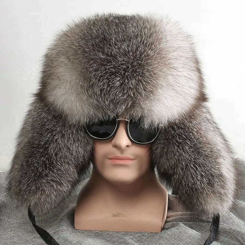 KIMLUD, Real Fur 100% Fox Skin Russian Businessmen Pilot Bombers Full Mao Men's hat Ushanka Winter Ear Guard Hat Raccoon Fur Beanie hat, silver blue / Adjustable, KIMLUD APPAREL - Womens Clothes