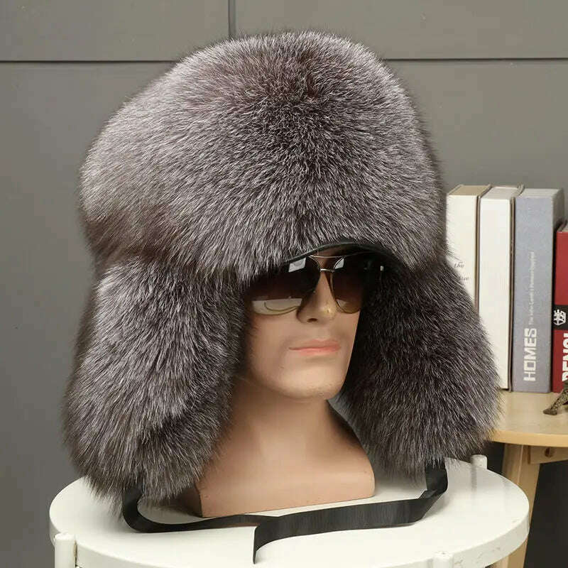 KIMLUD, Real Fur 100% Fox Skin Russian Businessmen Pilot Bombers Full Mao Men's hat Ushanka Winter Ear Guard Hat Raccoon Fur Beanie hat, Plus brim 3 / Adjustable, KIMLUD APPAREL - Womens Clothes