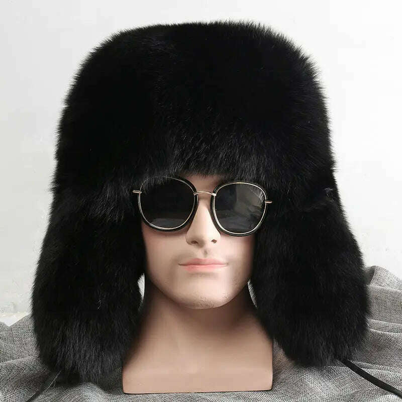 KIMLUD, Real Fur 100% Fox Skin Russian Businessmen Pilot Bombers Full Mao Men's hat Ushanka Winter Ear Guard Hat Raccoon Fur Beanie hat, black / Adjustable, KIMLUD APPAREL - Womens Clothes