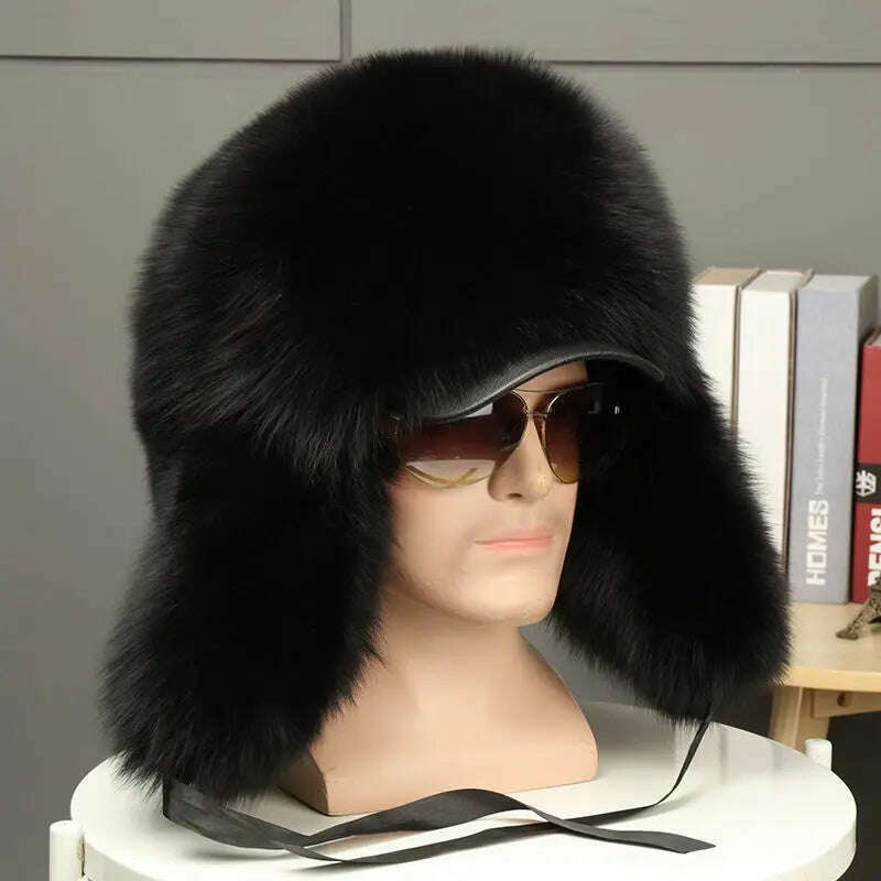 KIMLUD, Real Fur 100% Fox Skin Russian Businessmen Pilot Bombers Full Mao Men's hat Ushanka Winter Ear Guard Hat Raccoon Fur Beanie hat, Plus brim 4 / Adjustable, KIMLUD APPAREL - Womens Clothes