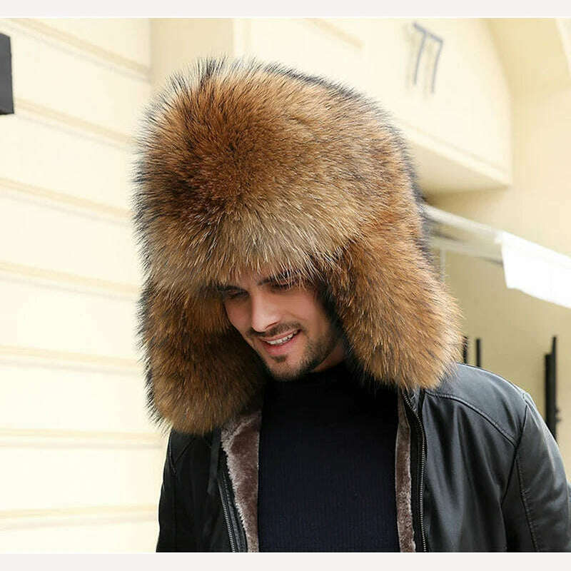 KIMLUD, Real Fur 100% Fox Skin Russian Businessmen Pilot Bombers Full Mao Men's hat Ushanka Winter Ear Guard Hat Raccoon Fur Beanie hat, KIMLUD Womens Clothes