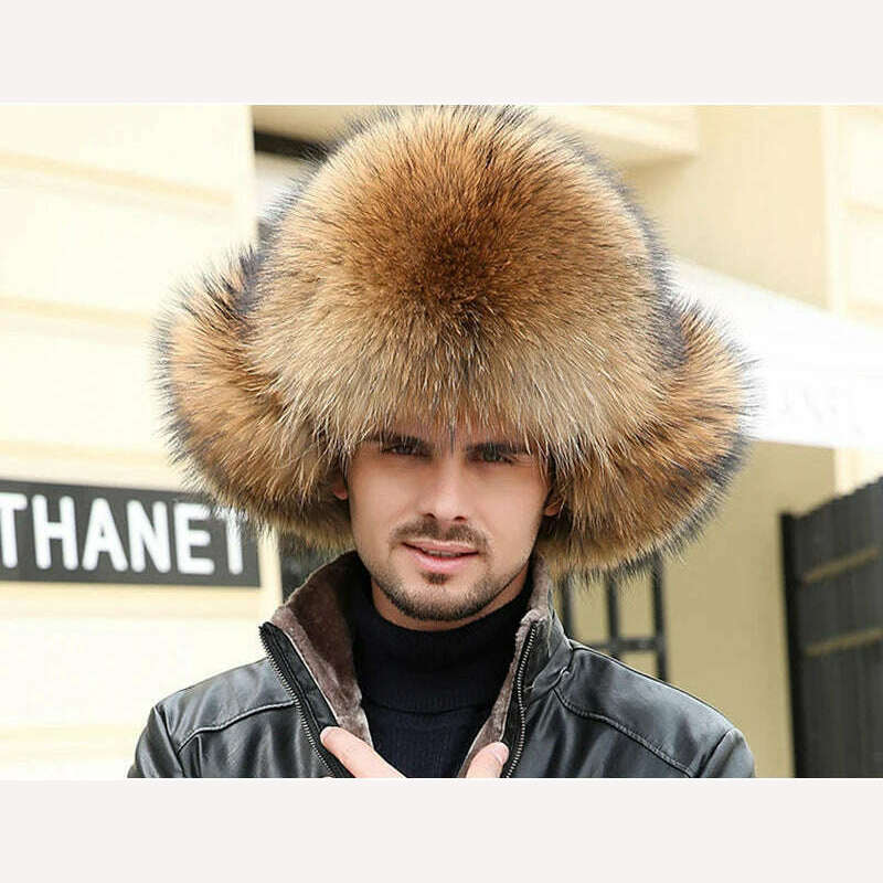 KIMLUD, Real Fur 100% Fox Skin Russian Businessmen Pilot Bombers Full Mao Men's hat Ushanka Winter Ear Guard Hat Raccoon Fur Beanie hat, KIMLUD Womens Clothes