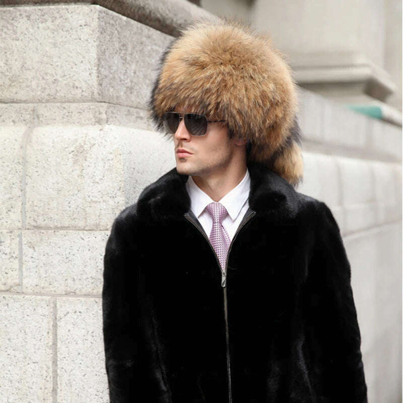 KIMLUD, Real Fur 100% Fox Skin Russian Businessmen Pilot Bombers Full Mao Men's hat Ushanka Winter Ear Guard Hat Raccoon Fur Cap, raccoon fur / 53-60cm, KIMLUD APPAREL - Womens Clothes