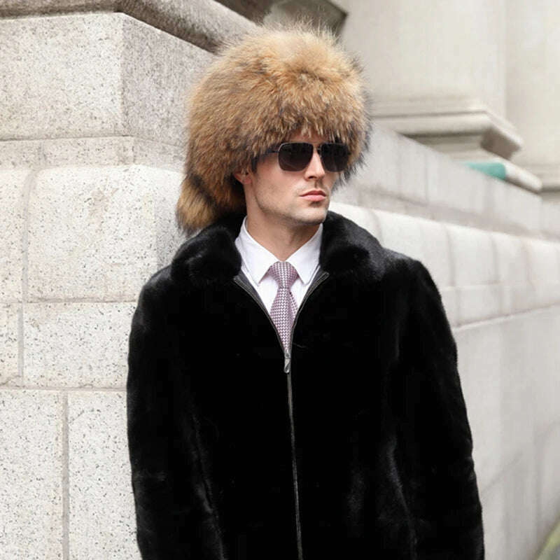 KIMLUD, Real Fur 100% Fox Skin Russian Businessmen Pilot Bombers Full Mao Men's hat Ushanka Winter Ear Guard Hat Raccoon Fur Cap, KIMLUD Womens Clothes