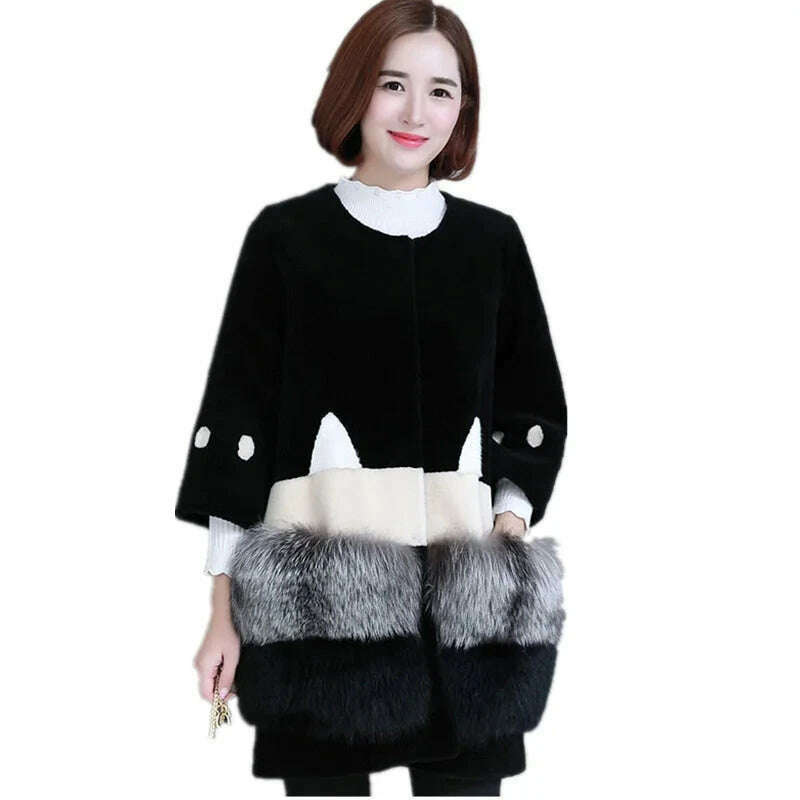 KIMLUD, Real Fur Coat 2019 Women Winter Coat Wool Jacket Fox Fur Coats Lambswool Coat Black Long Korean Women Tops abrigo mujer, KIMLUD Womens Clothes