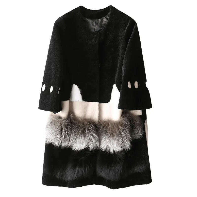 KIMLUD, Real Fur Coat 2019 Women Winter Coat Wool Jacket Fox Fur Coats Lambswool Coat Black Long Korean Women Tops abrigo mujer, KIMLUD Womens Clothes