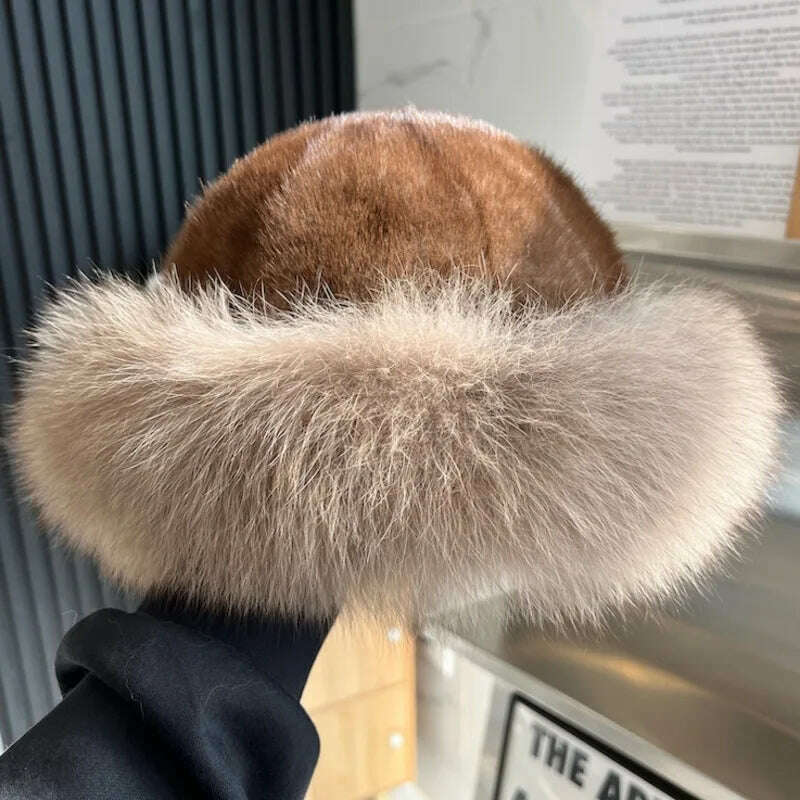 Real Mink Fur Hat For Women Winter Natural Mink Fur Hat With Fox Fur Brim Female Fashion Fisherman Hat Thicked Fur Bomber Hats - KIMLUD