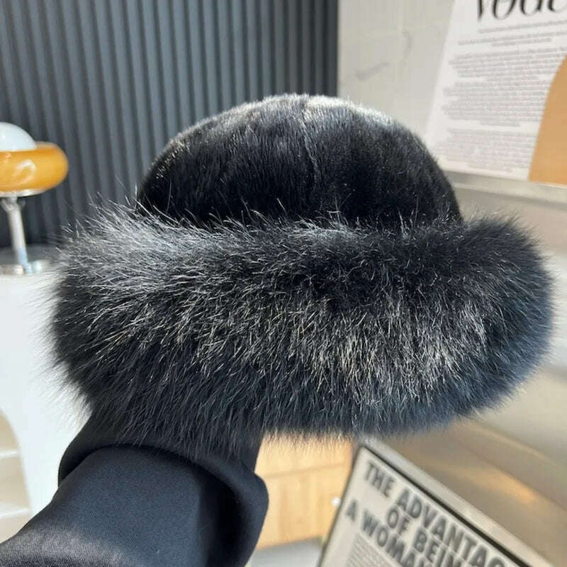 KIMLUD, Real Mink Fur Hat For Women Winter Natural Mink Fur Hat With Fox Fur Brim Female Fashion Fisherman Hat Thicked Fur Bomber Hats, KIMLUD Womens Clothes