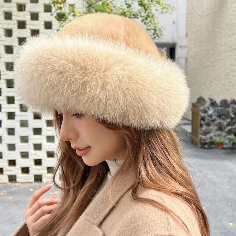 KIMLUD, Real Mink Fur Hat For Women Winter Natural Mink Fur Hat With Fox Fur Brim Female Fashion Fisherman Hat Thicked Fur Bomber Hats, Beige, KIMLUD APPAREL - Womens Clothes