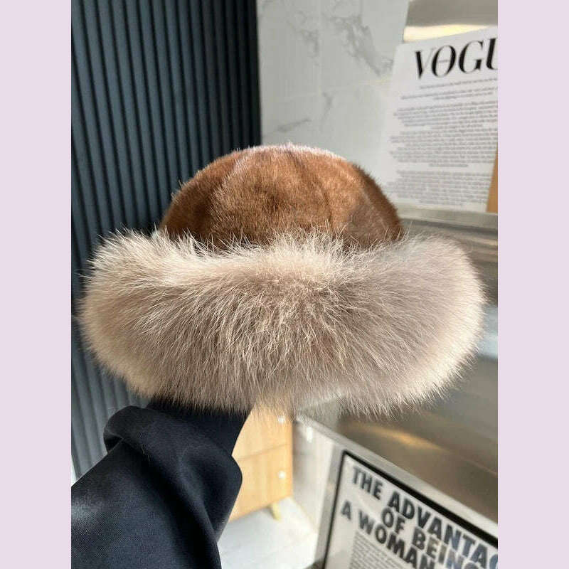 KIMLUD, Real Mink Fur Hat For Women Winter Natural Mink Fur Hat With Fox Fur Brim Female Fashion Fisherman Hat Thicked Fur Bomber Hats, Brown, KIMLUD APPAREL - Womens Clothes