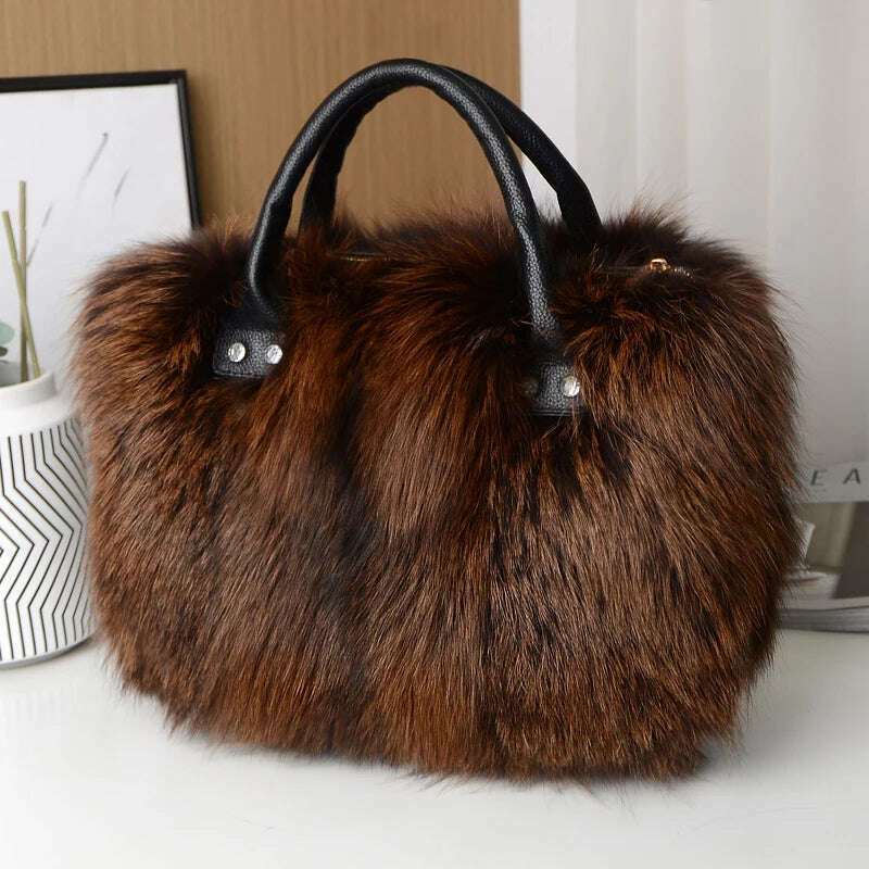 KIMLUD, Red Fox Fur Handbag Women Single Shoulder Crossbody Bags Lady Clutch Bag Real Fur Tote Bag Winter Ladies Warm Shoulder Bags, KIMLUD Womens Clothes