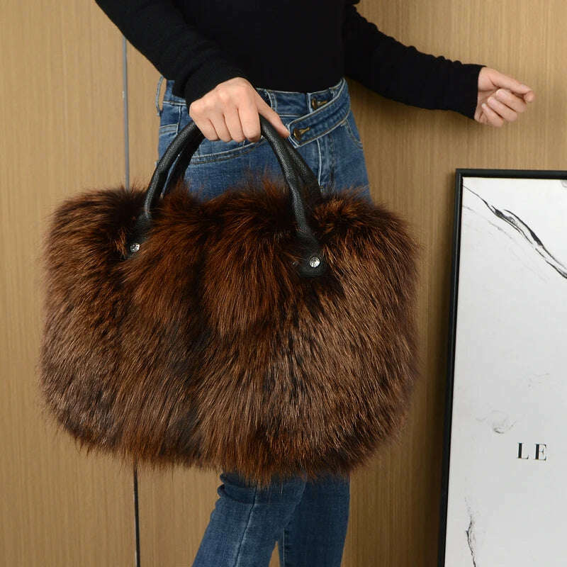 KIMLUD, Red Fox Fur Handbag Women Single Shoulder Crossbody Bags Lady Clutch Bag Real Fur Tote Bag Winter Ladies Warm Shoulder Bags, KIMLUD Womens Clothes