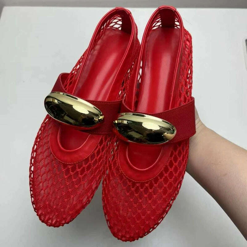 KIMLUD, Red Mesh Metal Decor Round Toe Ballet Shoes Ladies Black Hollow Shoes for Women Casual Flats Chaussure Femme Brand Designer, AS SHOW / 42, KIMLUD APPAREL - Womens Clothes