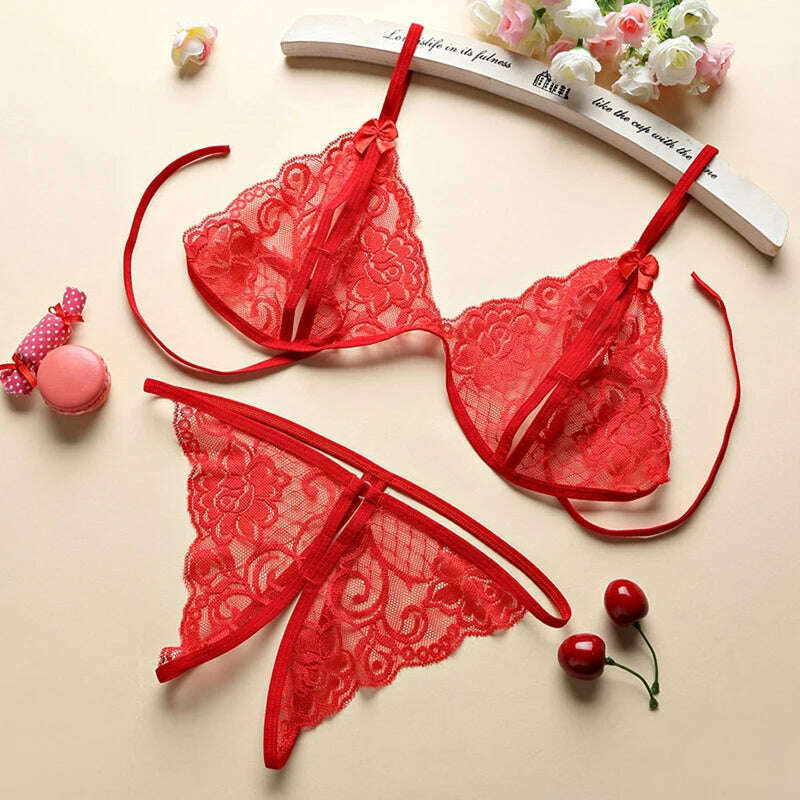 KIMLUD, Red Romantic Women's Underwear Lace Strap Bra Sexy Thong Set Sweet Girl Erotic Lingerie Deep V-shaped Breasts Hot Bras G-string, 03-red / L-(50-55KG), KIMLUD APPAREL - Womens Clothes