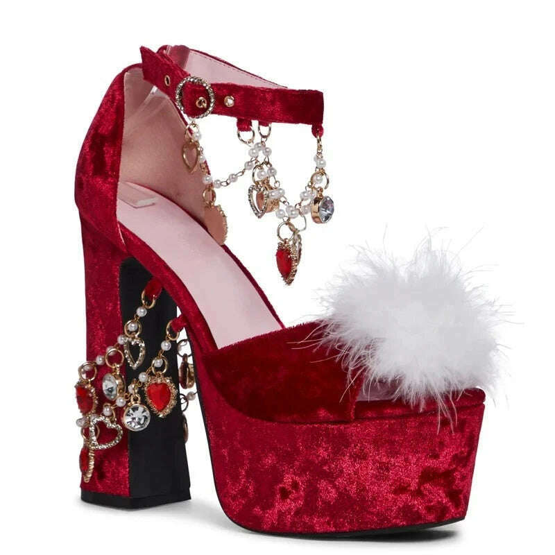 Red Suede Platform High Heel Sandals Crystal Gemstones Chain Plush Decor Buckle Roman Sandals Sweet Sexy Lady Nightclub Shoes - KIMLUD