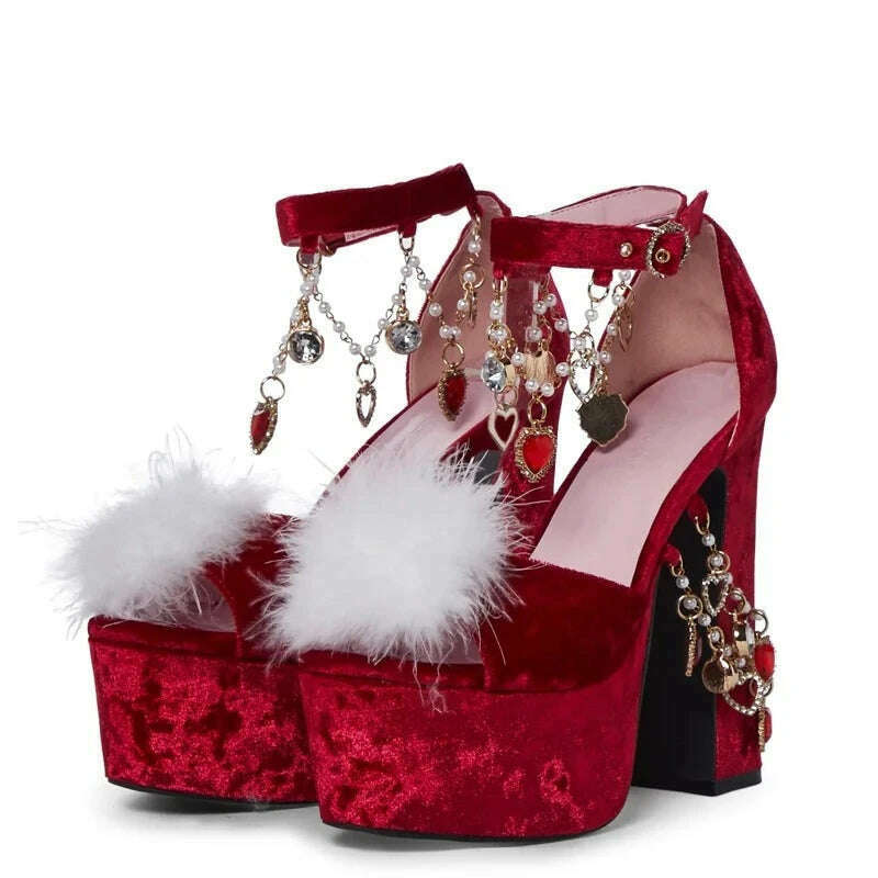 Red Suede Platform High Heel Sandals Crystal Gemstones Chain Plush Decor Buckle Roman Sandals Sweet Sexy Lady Nightclub Shoes - KIMLUD