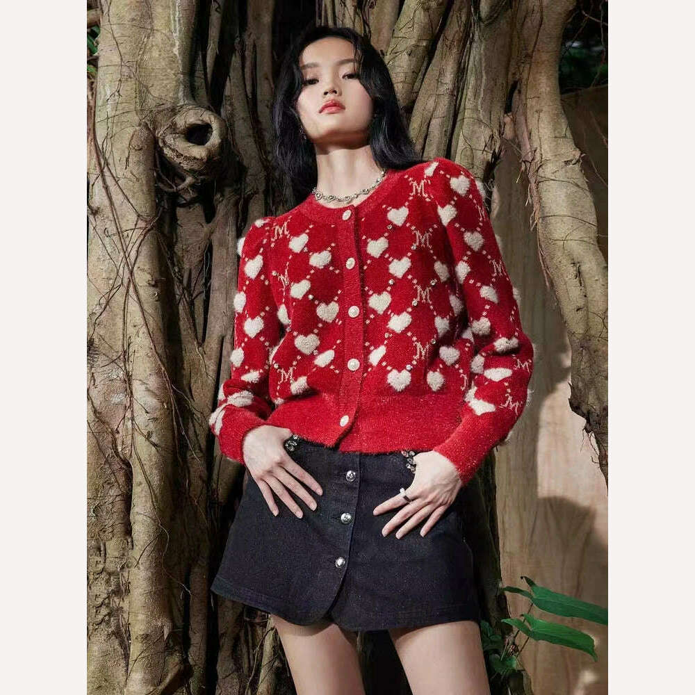 KIMLUD, Red Vintage Love Argyle Jacquard Diamonds Knitted Cardigan Sweater Women Autumn Slim Long Sleeve Knitwear Crop Top Coat Jumper, KIMLUD Womens Clothes