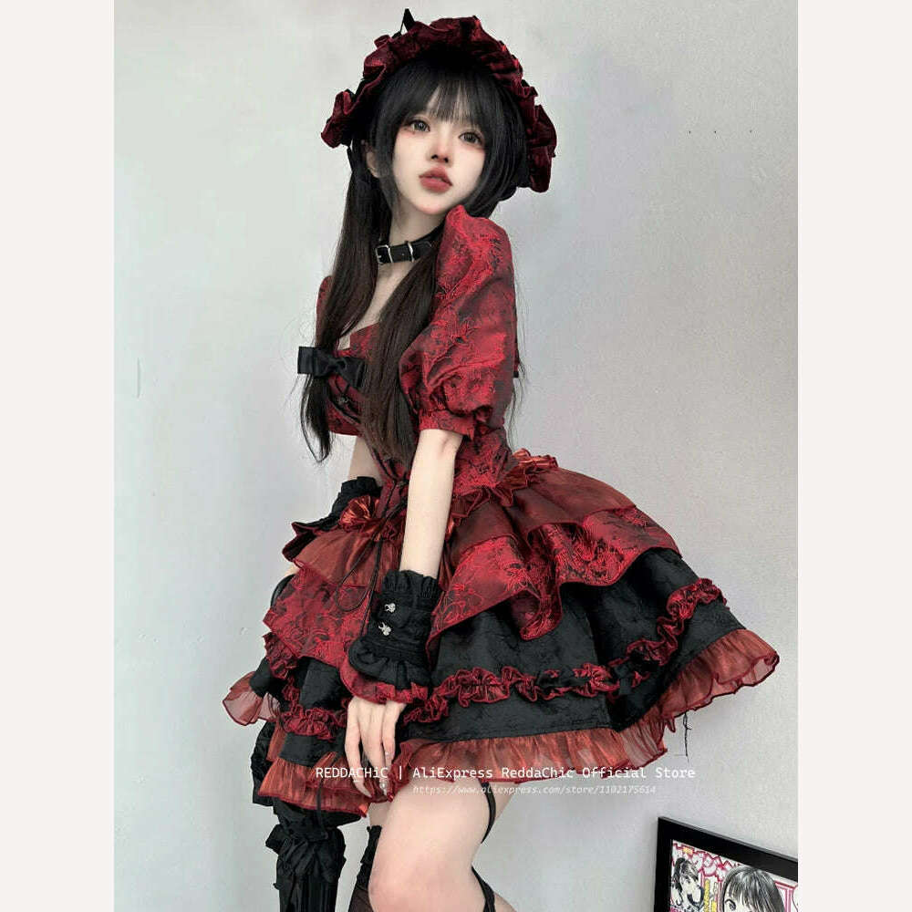 REDDACHiC Goth Lolita OP Bow Lace-up Corset Top Puff Sleeves Jacket Ruffle Mini Cake Skirt Underskirt Victorian Women Dress Set - KIMLUD