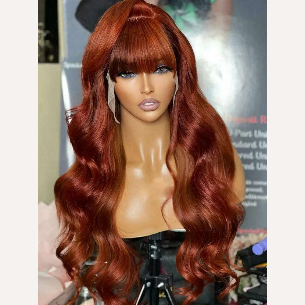 Reddlish Brown 13x6 Lace Frontal Body Wave Human Wig With Bangs Glueless HD Lace Front Wig Colored Cheap Hair Wigs With Bang - KIMLUD