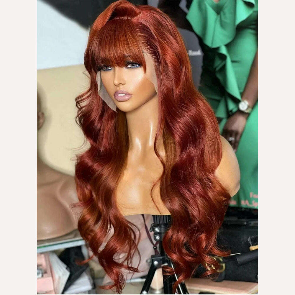 Reddlish Brown 13x6 Lace Frontal Body Wave Human Wig With Bangs Glueless HD Lace Front Wig Colored Cheap Hair Wigs With Bang - KIMLUD