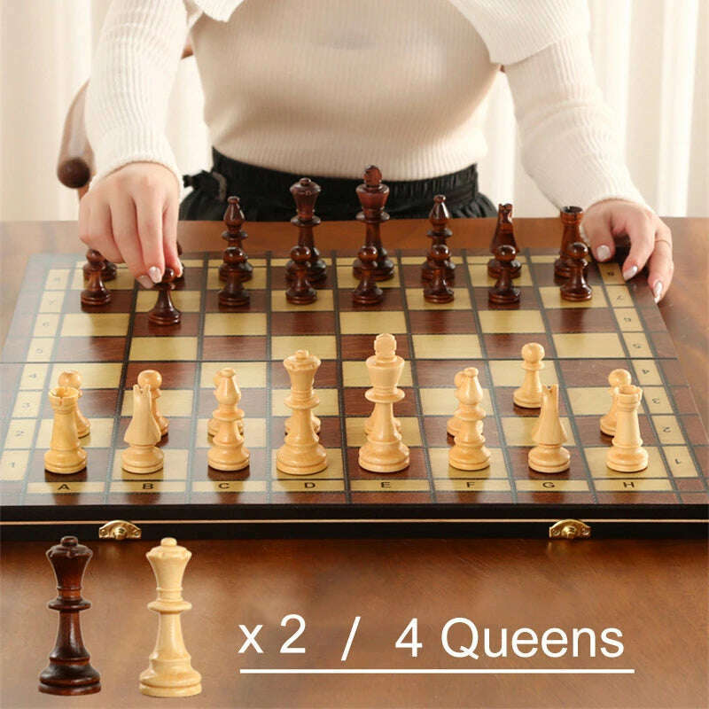 Retro 4 Queens Wooden Chess Set Wooden Chess Pieces Foldable 24/29/34/39 Wooden Chessboard Chess Table Board Game - KIMLUD