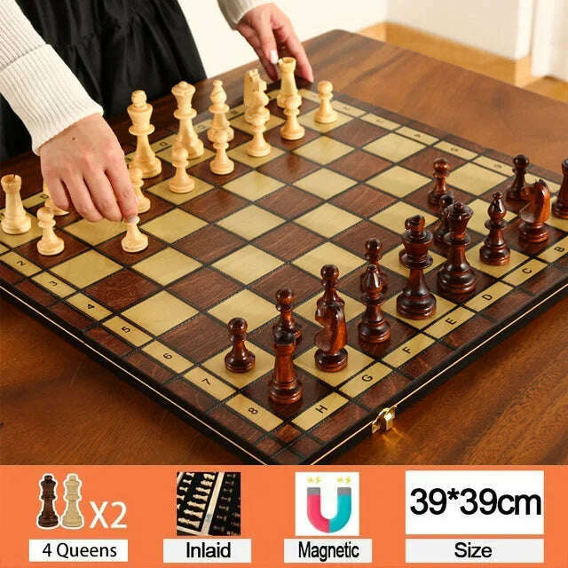 Retro 4 Queens Wooden Chess Set Wooden Chess Pieces Foldable 24/29/34/39 Wooden Chessboard Chess Table Board Game - KIMLUD