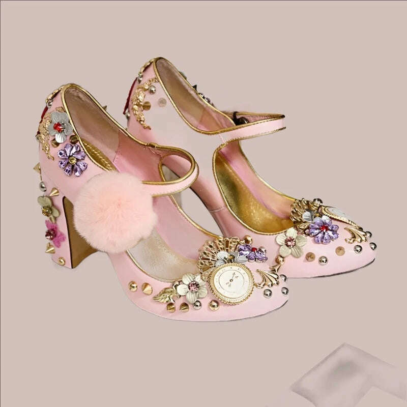 Retro Pink Fur Pom Pom Chunky Heels Women Shoes Crystal Studded Metal Decor Mary Janes Shoes Big Size43 - KIMLUD